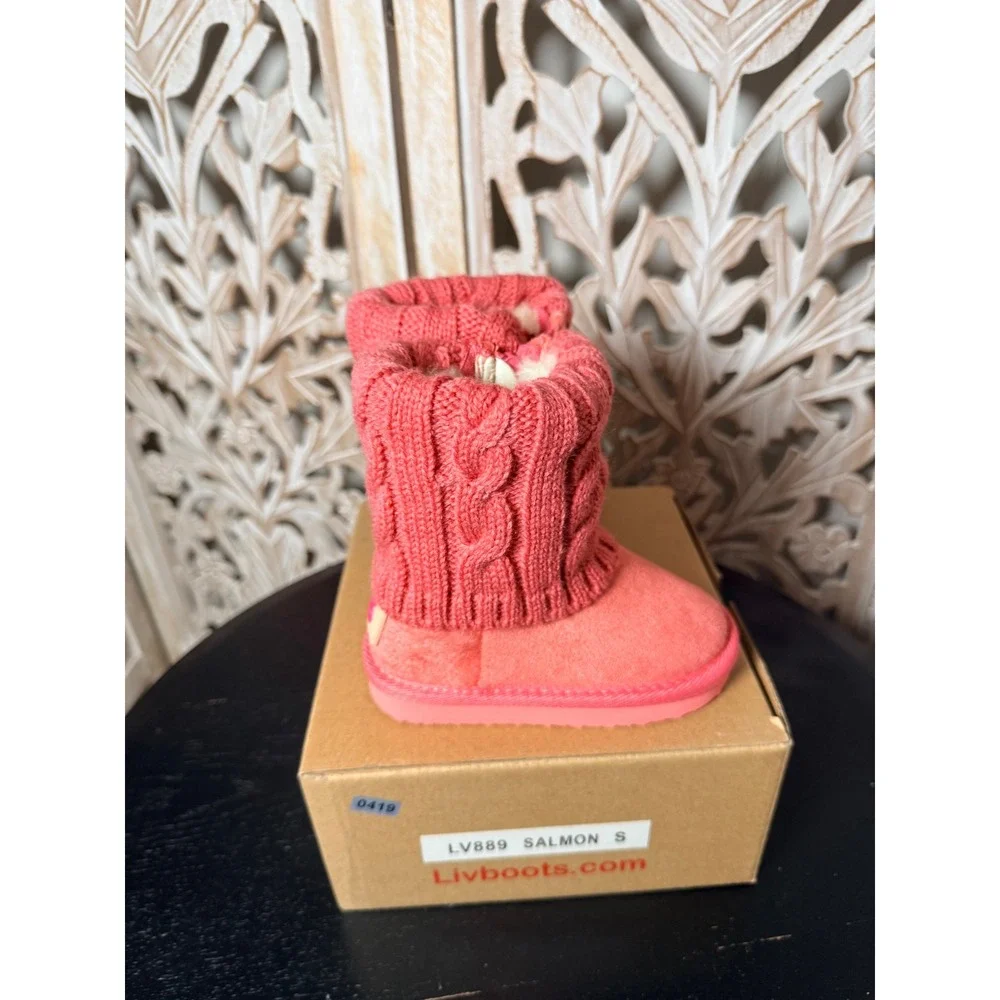 Livboots LV889 Salmon Pink Cable Knit Faux Fur Lined Winter Boots Kids Size S